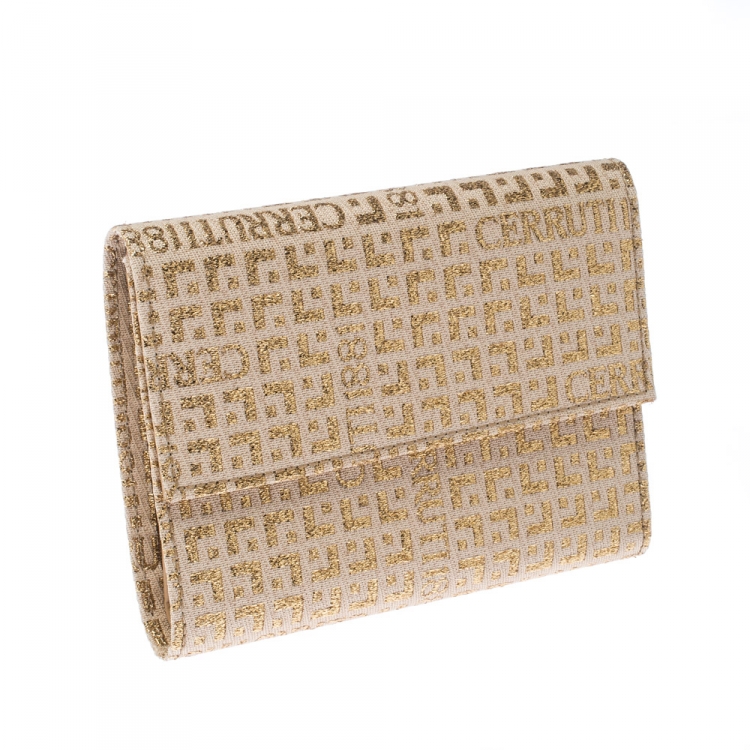 Pre Owned Cerruti Gold/Beige Signature Textured Fabric Fold Over Wallet
