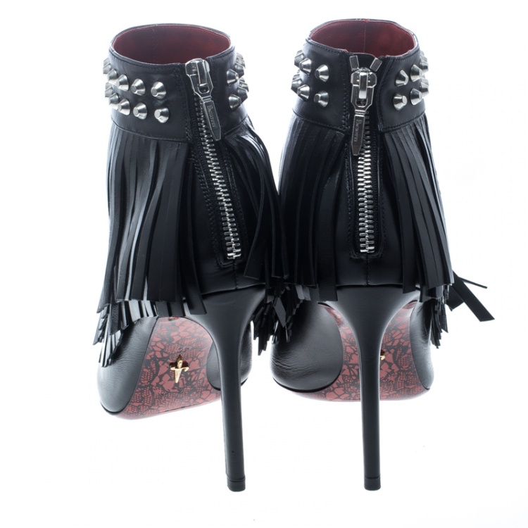 Pre Owned Cesaire Paciotti Black Leather Studded Fringe Peep Toe Booties Size 40