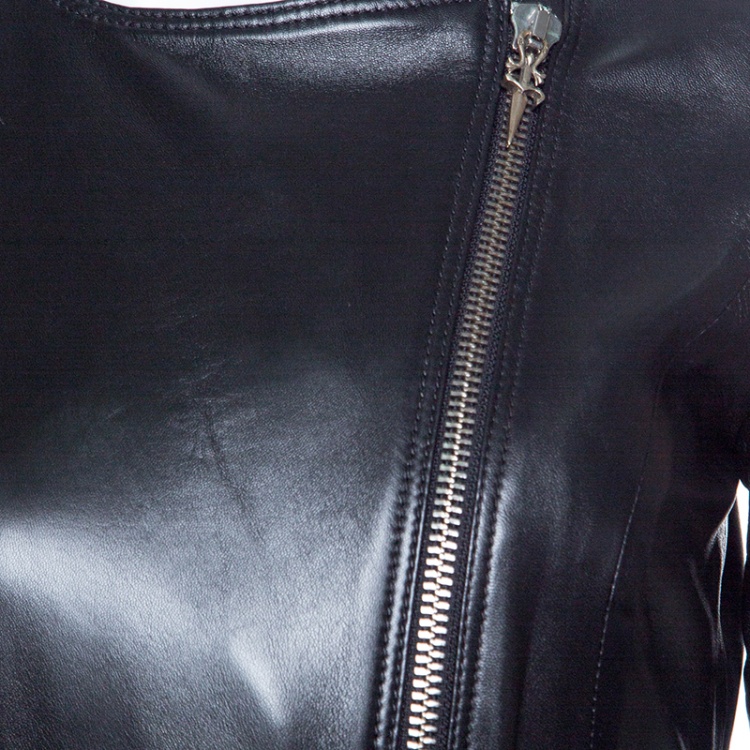 Pre Owned Cesare Paciotti Black Dagger Zip Detail Short Sleeve Leather Dress S