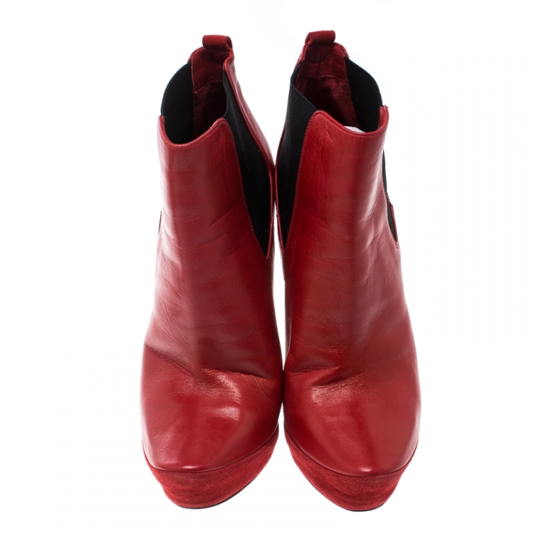 Pre Owned Cesare Paciotti Red Leather Platform Ankle Boots Size 37