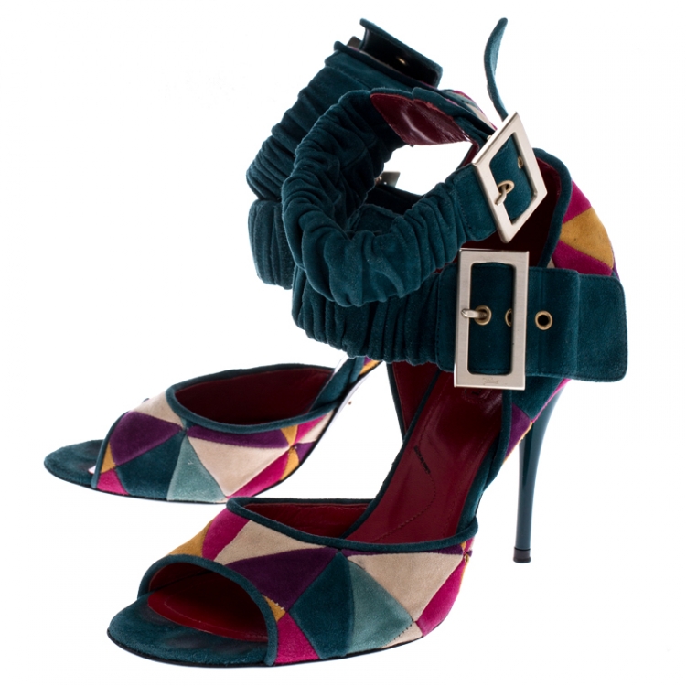 Pre Owned Cesare Paciotti Multicolor Suede Open Toe Double Ankle Strap Sandals Size 40 