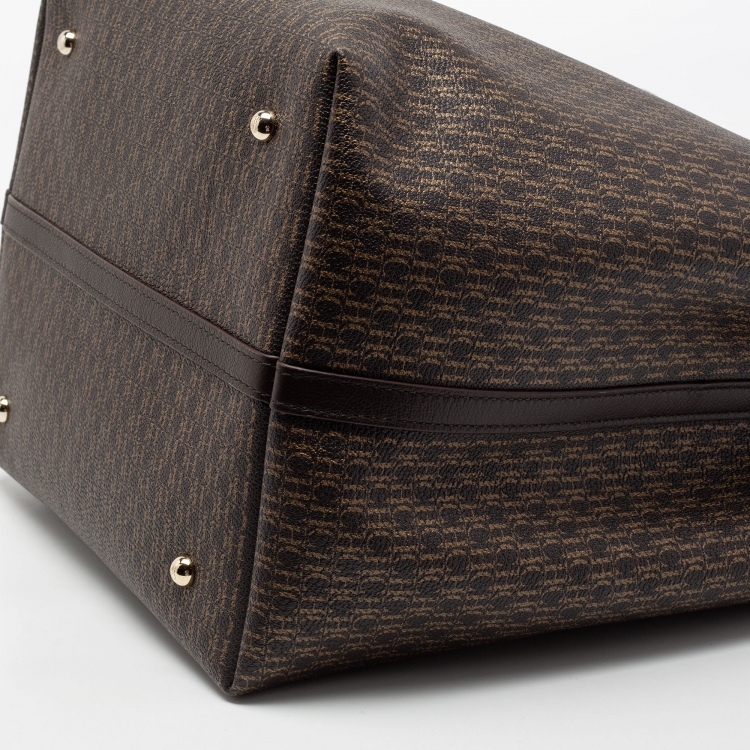 Pre Owned CH Carolina Herrera Dark Brown Monogram Coated Canvas And Leather Shopper Tote