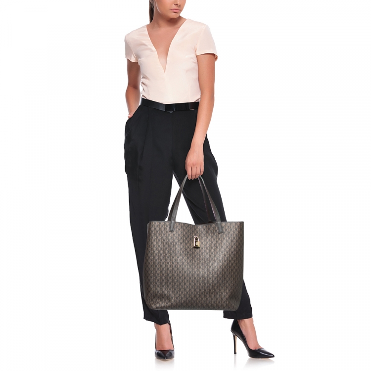 Pre Owned CH Carolina Herrera Dark Brown Monogram Coated Canvas And Leather Shopper Tote