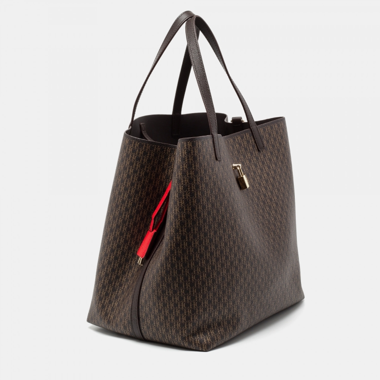 Pre Owned CH Carolina Herrera Dark Brown Monogram Coated Canvas And Leather Shopper Tote