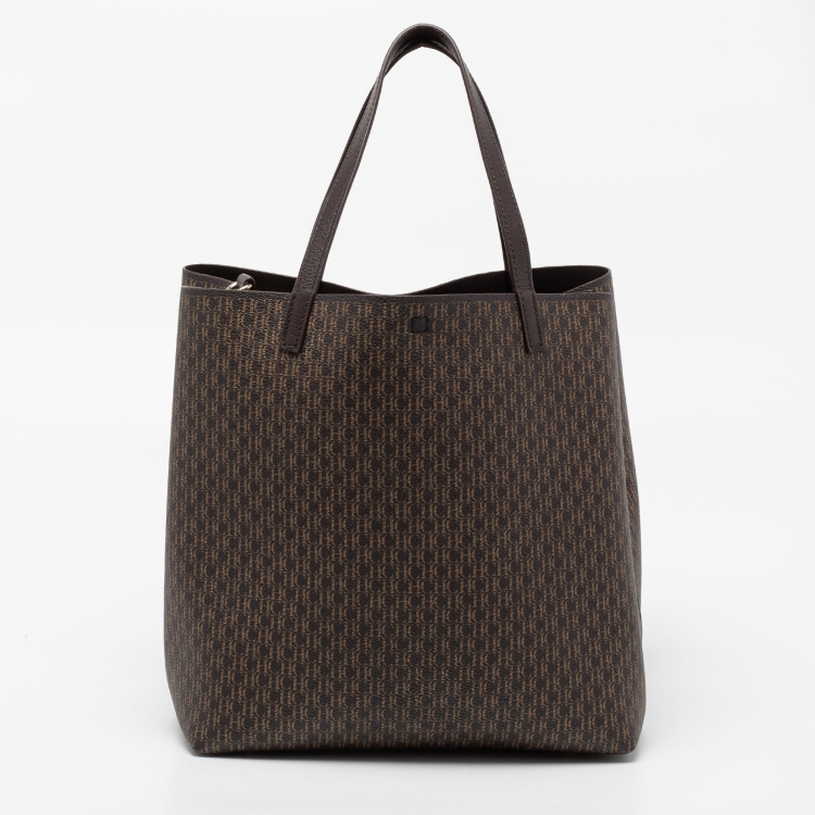 Pre Owned CH Carolina Herrera Dark Brown Monogram Coated Canvas And Leather Shopper Tote
