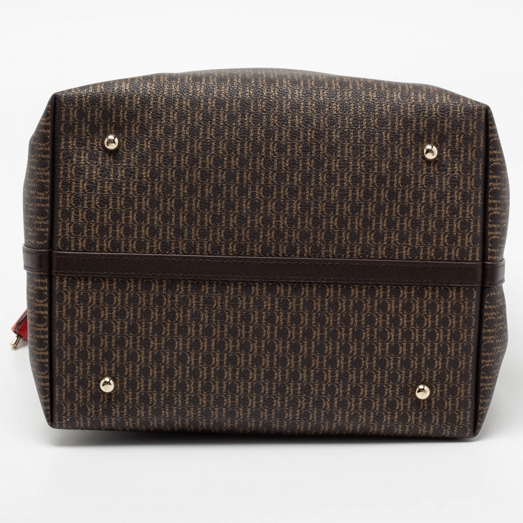 Pre Owned CH Carolina Herrera Dark Brown Monogram Coated Canvas And Leather Shopper Tote