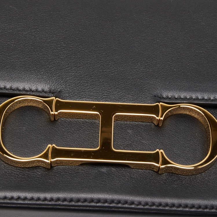 Pre Owned CH Carolina Herrera Black Leather Medium Initials Insignia Shoulder Bag