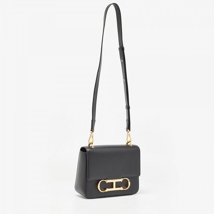 Pre Owned CH Carolina Herrera Black Leather Medium Initials Insignia Shoulder Bag