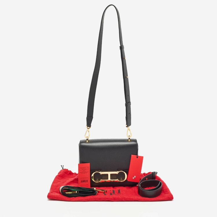 Pre Owned CH Carolina Herrera Black Leather Medium Initials Insignia Shoulder Bag