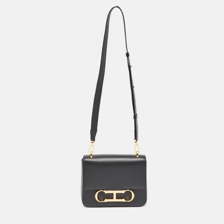 Pre Owned CH Carolina Herrera Black Leather Medium Initials Insignia Shoulder Bag