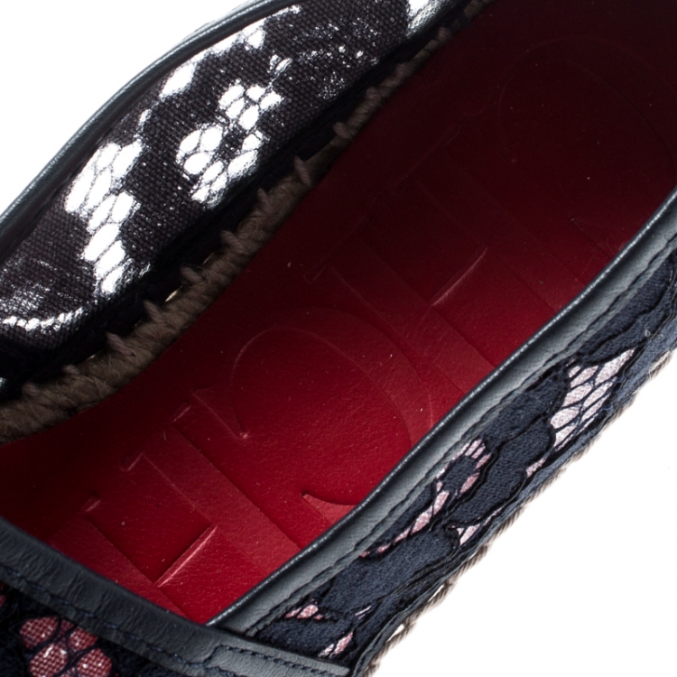 Pre Owned Carolina Herrera Blue Corded Lace And Leather Trim Espadrilles Size 36