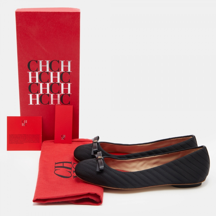 Pre Owned CH Carolina Herrera Black Fabric and Leather Bow Ballet Flats Size 38