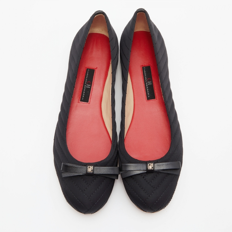 Pre Owned CH Carolina Herrera Black Fabric and Leather Bow Ballet Flats Size 38