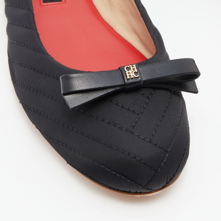 Pre Owned CH Carolina Herrera Black Fabric and Leather Bow Ballet Flats Size 38