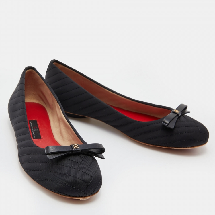 Pre Owned CH Carolina Herrera Black Fabric and Leather Bow Ballet Flats Size 38