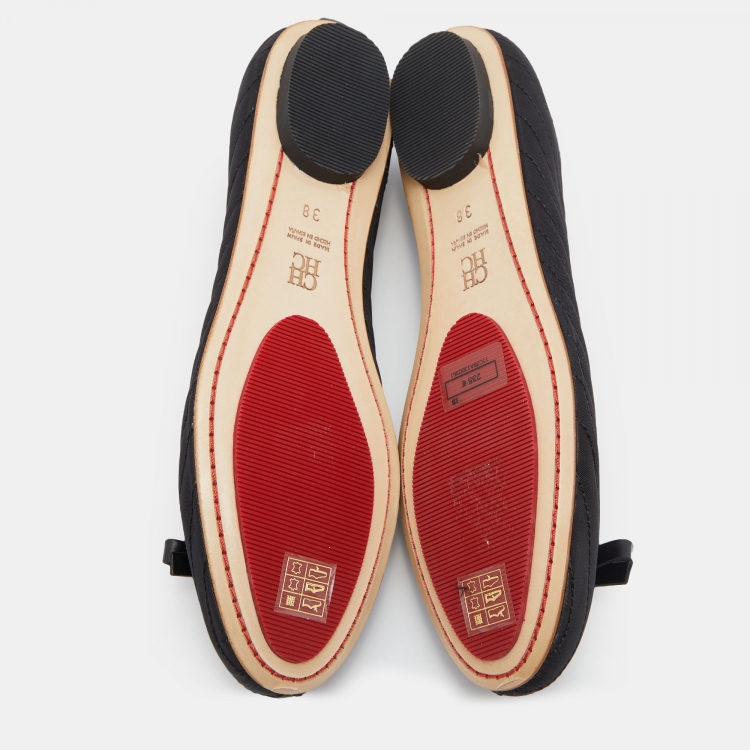 Pre Owned CH Carolina Herrera Black Fabric and Leather Bow Ballet Flats Size 38