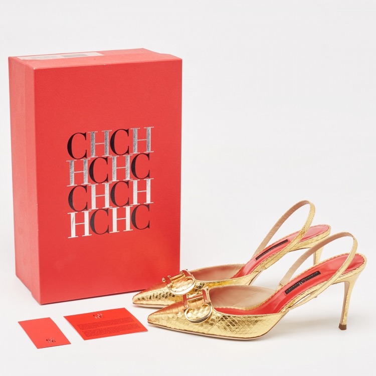 Pre Owned CH Carolina Herrera Metallic Gold Python Embellished Slingback Pumps Size 39