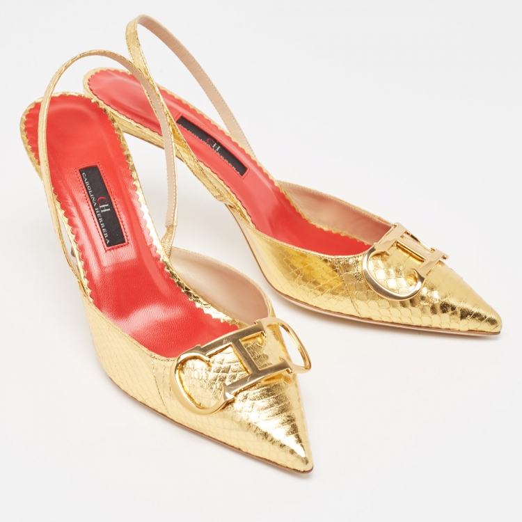 Pre Owned CH Carolina Herrera Metallic Gold Python Embellished Slingback Pumps Size 39