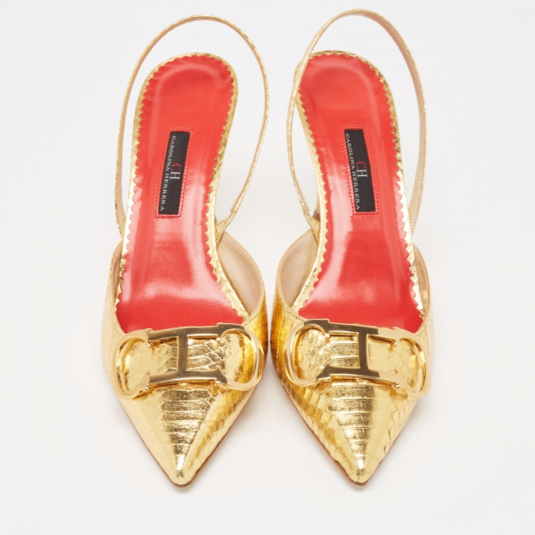 Pre Owned CH Carolina Herrera Metallic Gold Python Embellished Slingback Pumps Size 39