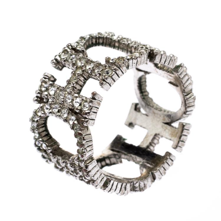 Pre Owned CH Carolina Herrera Crystal Studded Logo Silver Tone Ring Size 54