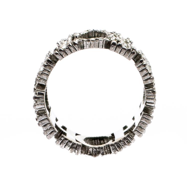 Pre Owned CH Carolina Herrera Crystal Studded Logo Silver Tone Ring Size 54