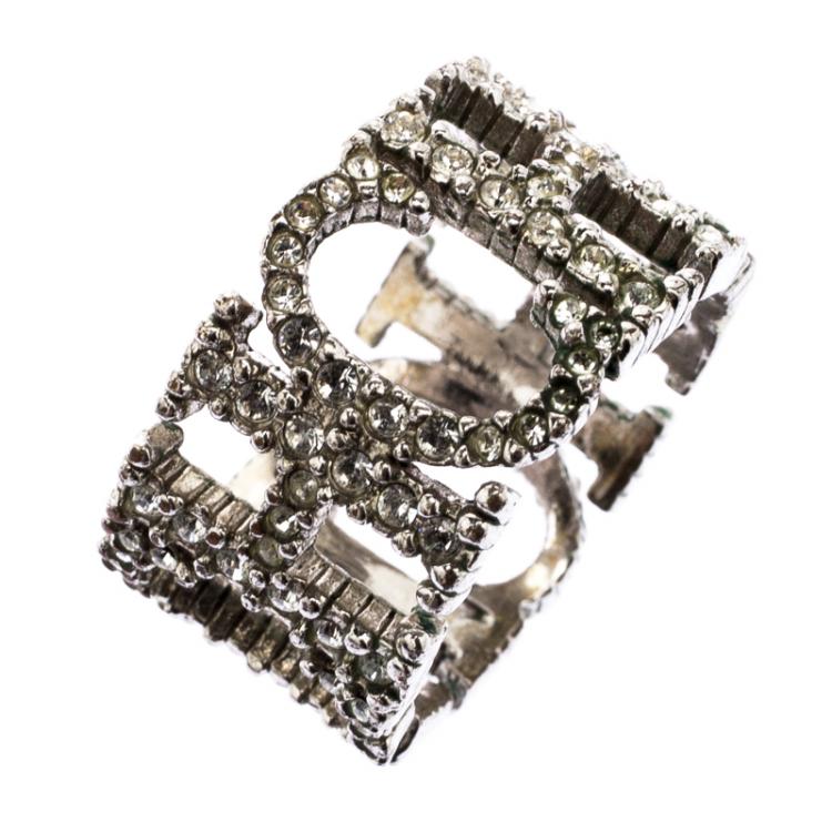 Pre Owned CH Carolina Herrera Crystal Studded Logo Silver Tone Ring Size 54