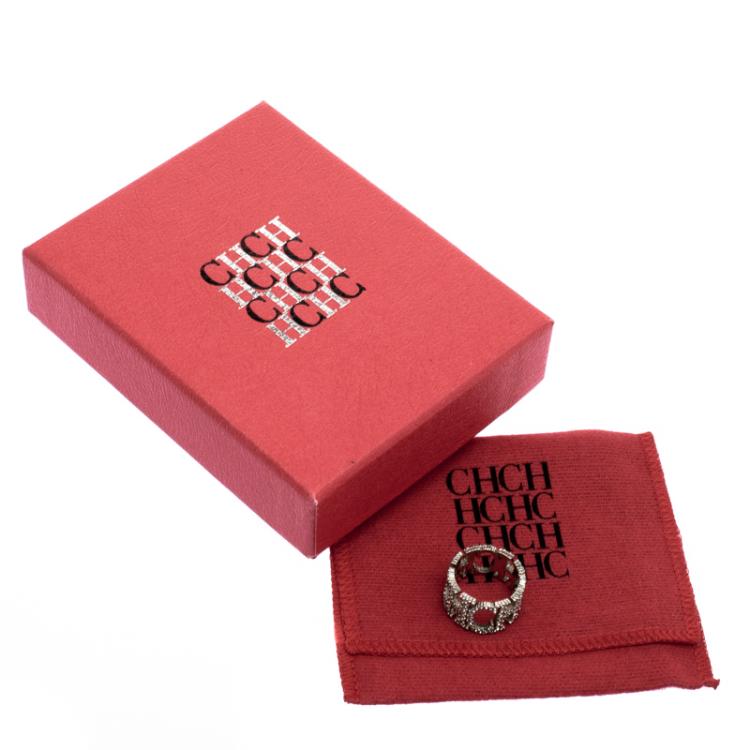 Pre Owned CH Carolina Herrera Crystal Studded Logo Silver Tone Ring Size 54