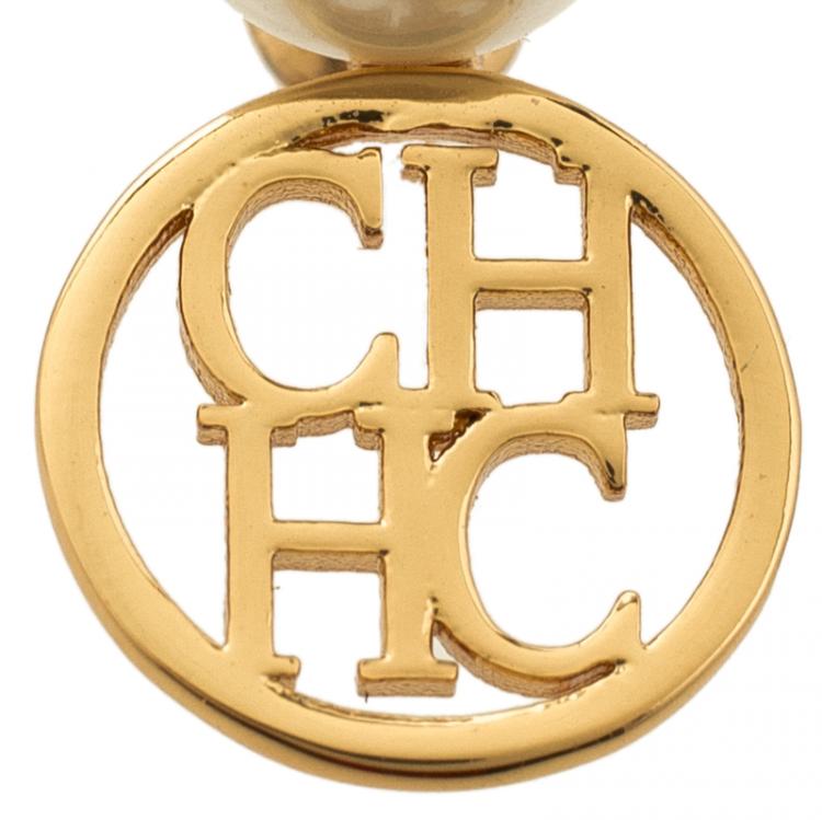 Pre Owned Carolina Herrera CH Faux Pearl Gold Tone Stud Earrings