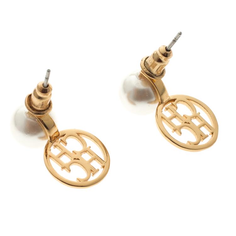 Pre Owned Carolina Herrera CH Faux Pearl Gold Tone Stud Earrings