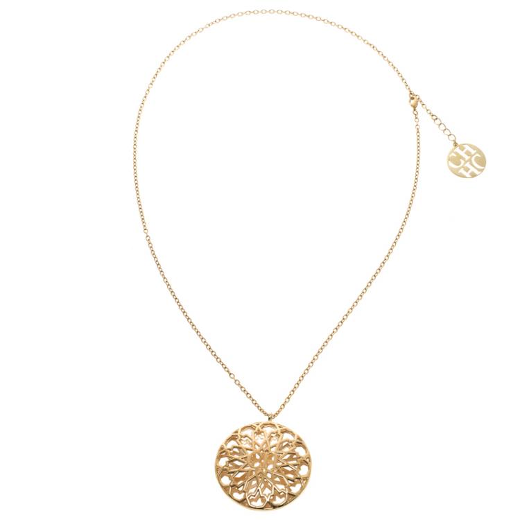 Pre Owned Carolina Herrera CH Round Open Cut Work Gold Tone Pendant Necklace