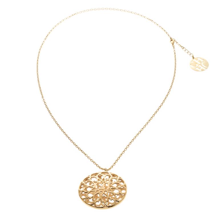 Pre Owned Carolina Herrera CH Round Open Cut Work Gold Tone Pendant Necklace