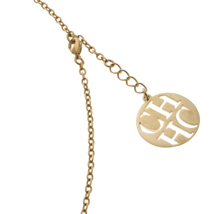 Pre Owned Carolina Herrera CH Round Open Cut Work Gold Tone Pendant Necklace