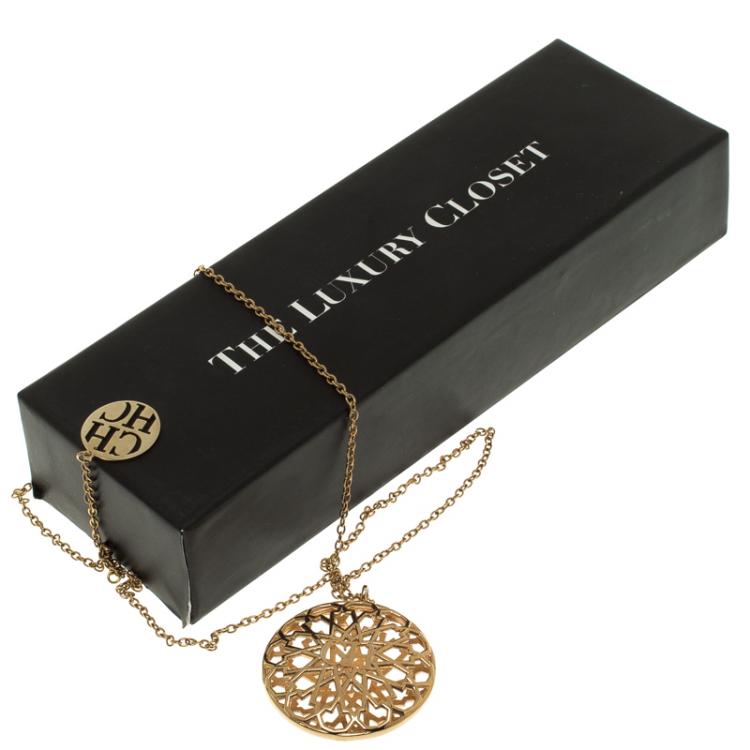 Pre Owned Carolina Herrera CH Round Open Cut Work Gold Tone Pendant Necklace