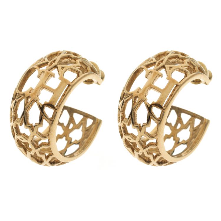 Pre Owned Carolina Herrera CH Open Cut Work Gold Tone Hoop Earrings