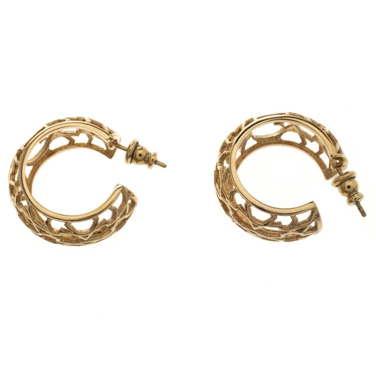 Pre Owned Carolina Herrera CH Open Cut Work Gold Tone Hoop Earrings