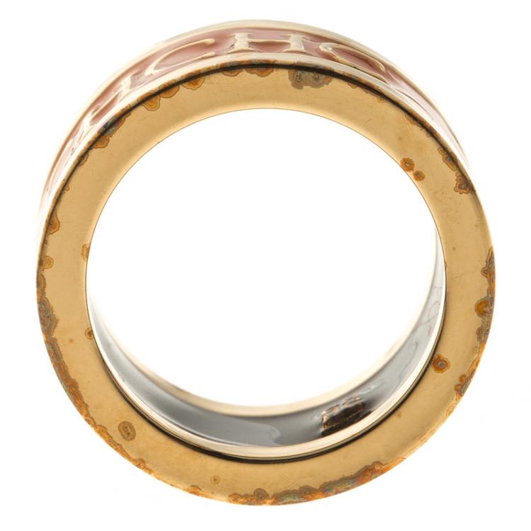 Pre Owned CH Carolina Herrera Logo Orange Enamel Gold Tone Band Ring Size 54.5