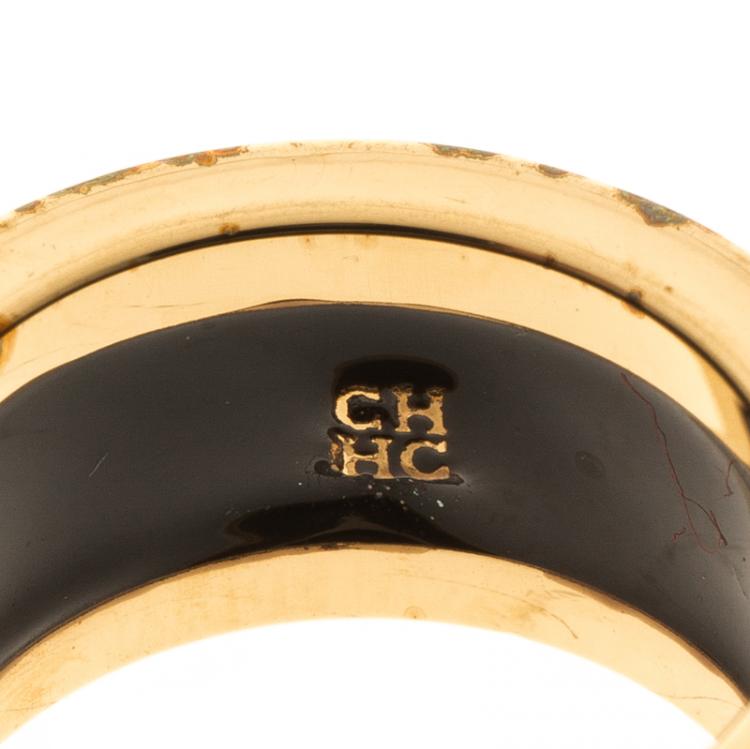 Pre Owned CH Carolina Herrera Logo Orange Enamel Gold Tone Band Ring Size 54.5