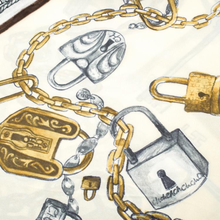 Pre Owned CH Carolina Herrera Cream Lock and Key Print Silk Square Scarf