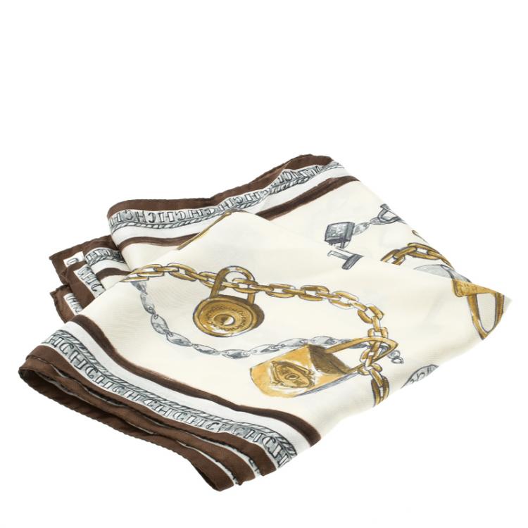 Pre Owned CH Carolina Herrera Cream Lock and Key Print Silk Square Scarf