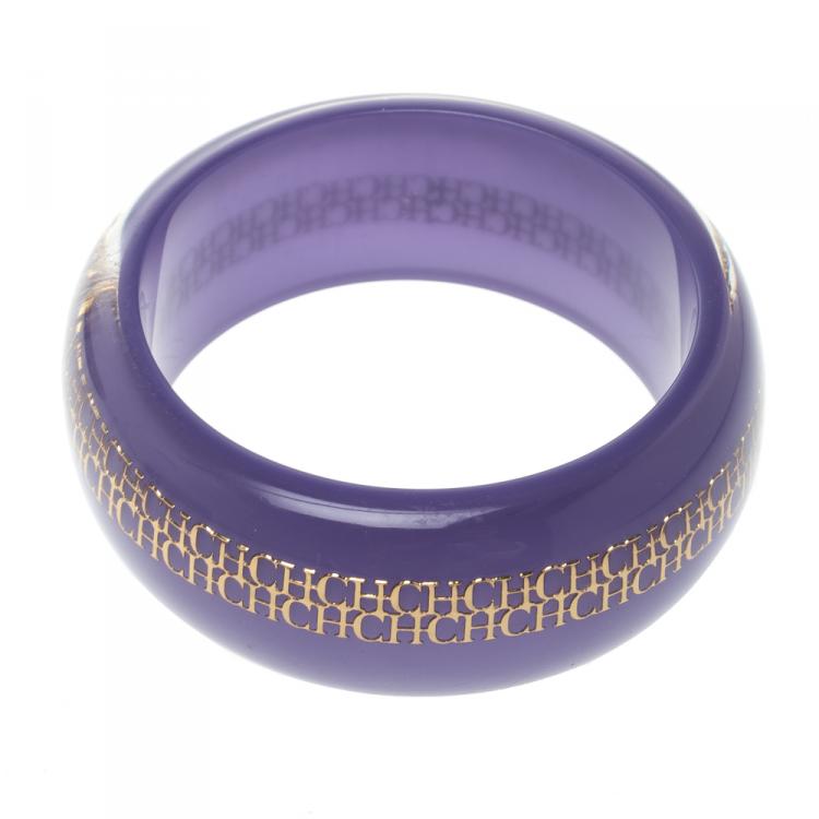 Pre Owned CH Carolina Herrera Purple Resin Gold Tone Wide Bangle Bracelet 20cm