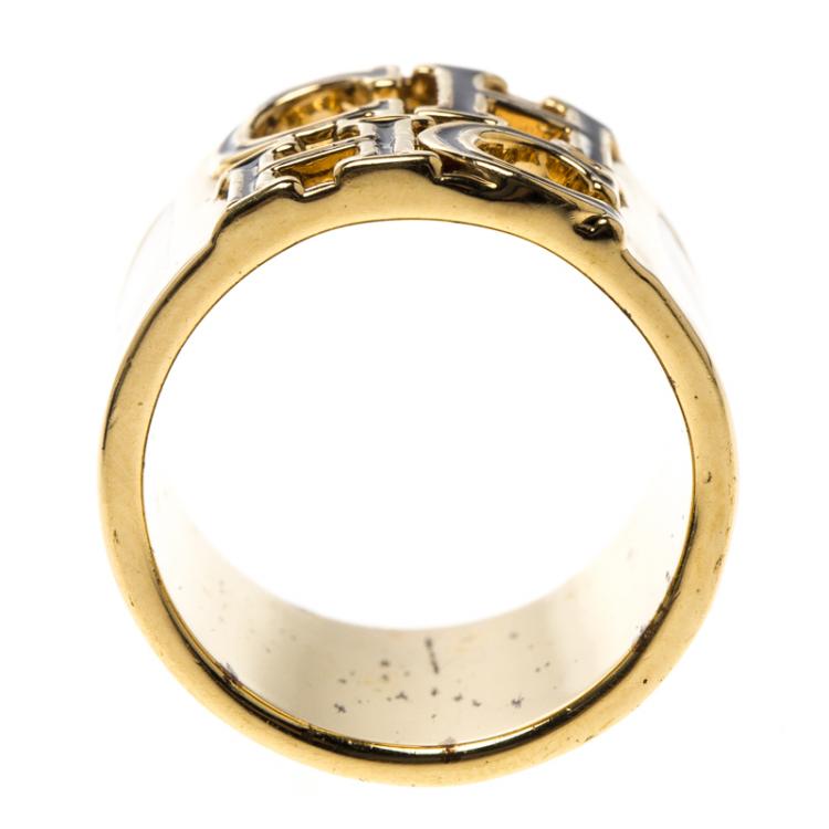 Pre Owned CH Carolina Herrera Logo White & Black Enamel Gold Tone Wide Band Ring Size 54