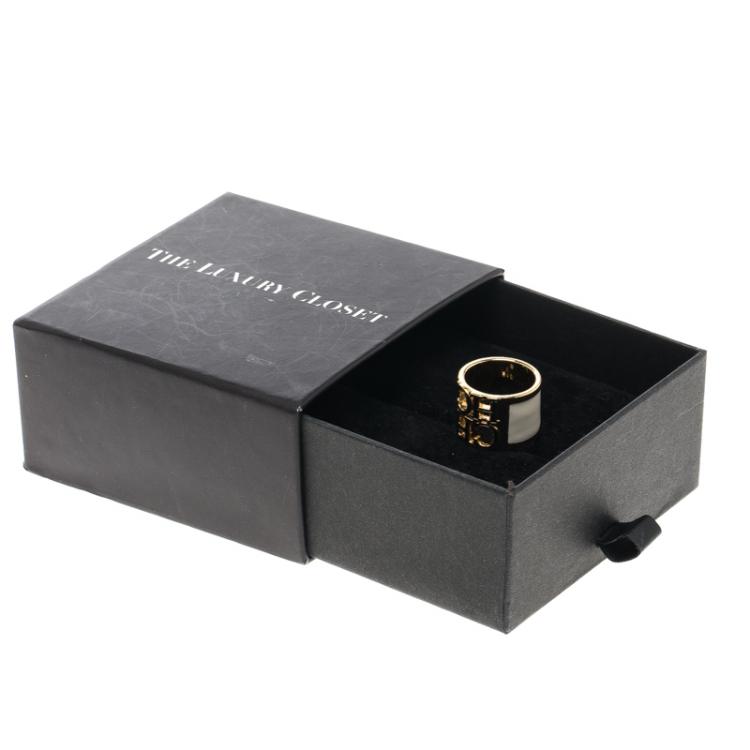 Pre Owned CH Carolina Herrera Logo White & Black Enamel Gold Tone Wide Band Ring Size 54