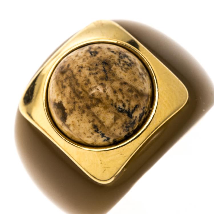 Pre Owned CH Carolina Herrera Brown Cabochon Gold Tone Ring Size 54.5