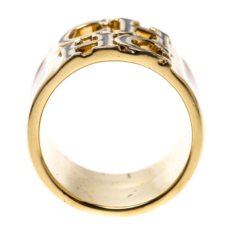 Pre Owned CH Carolina Herrera Logo Red & Black Enamel Gold Tone Wide Band Ring Size 54