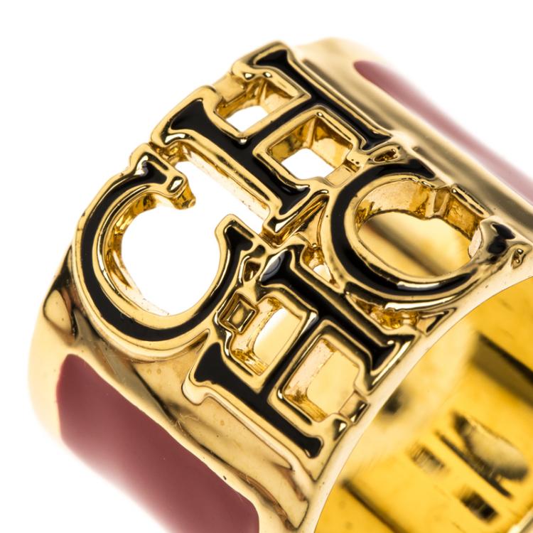 Pre Owned CH Carolina Herrera Logo Red & Black Enamel Gold Tone Wide Band Ring Size 54