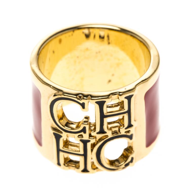 Pre Owned CH Carolina Herrera Logo Red & Black Enamel Gold Tone Wide Band Ring Size 54