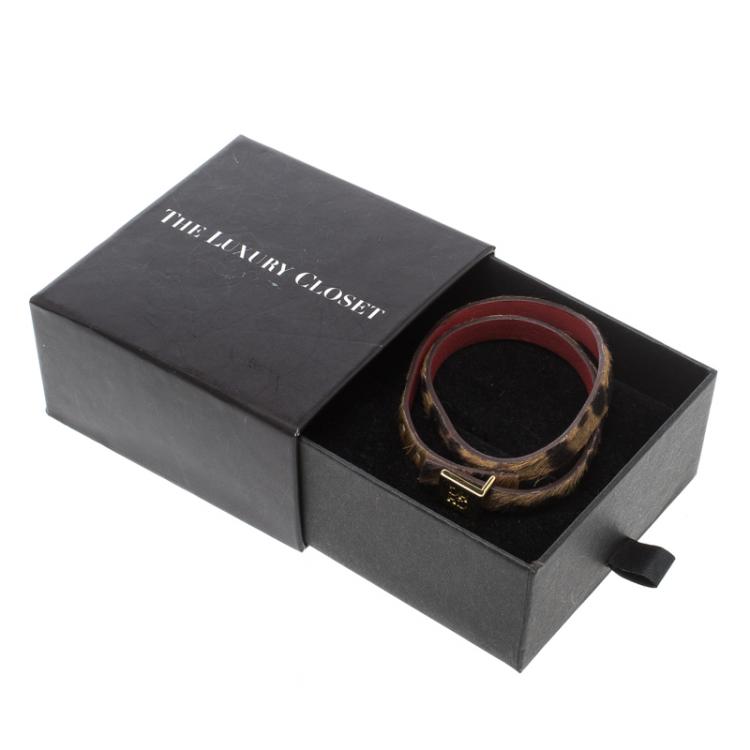 Pre Owned CH Carolina Herrera Leopard Print Leather Gold Tone Double Wrap Bracelet