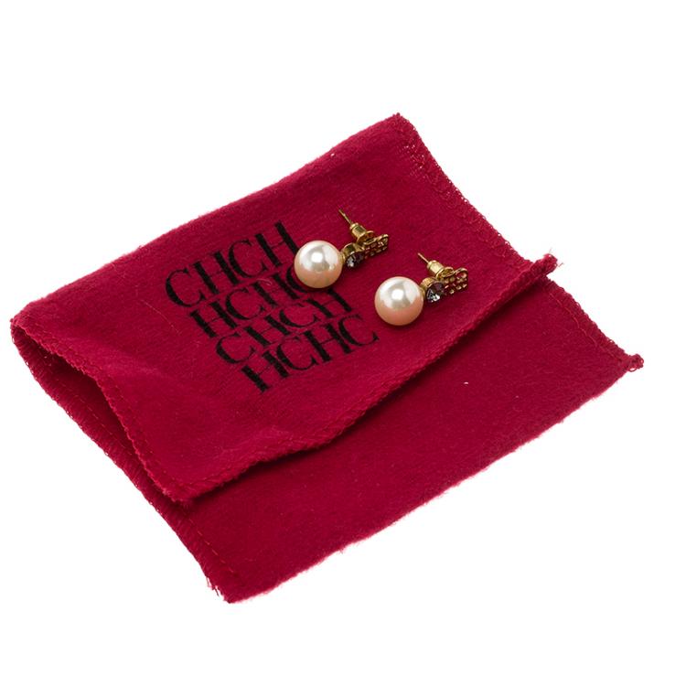 Pre Owned CH Carolina Herrera Logo Faux Pearl Gold Tone Stud Earrings