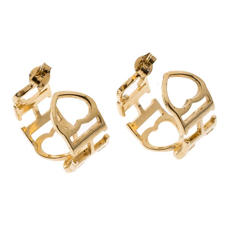 Pre Owned CH Carolina Herrera Logo Heart Gold Tone Hoop Earrings