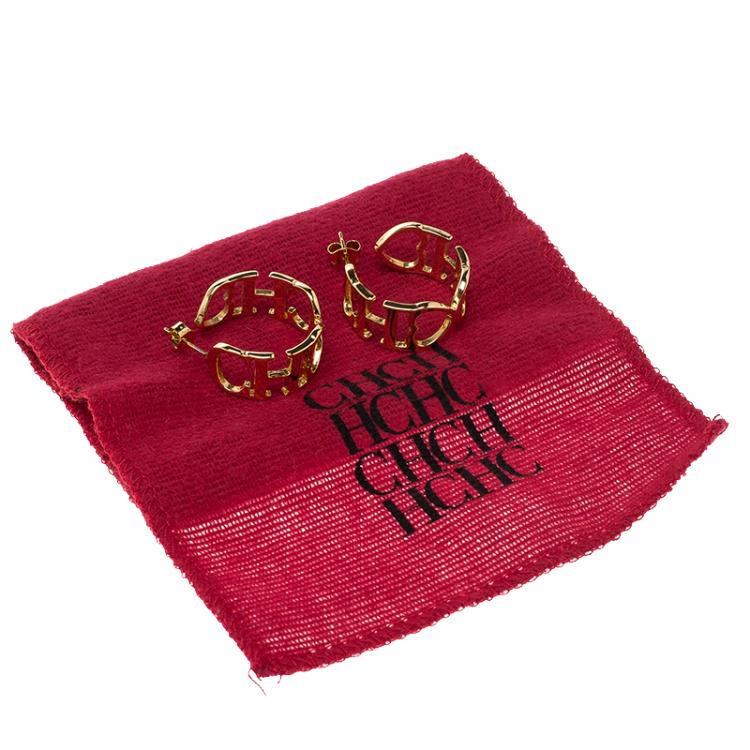 Pre Owned CH Carolina Herrera Logo Heart Gold Tone Hoop Earrings